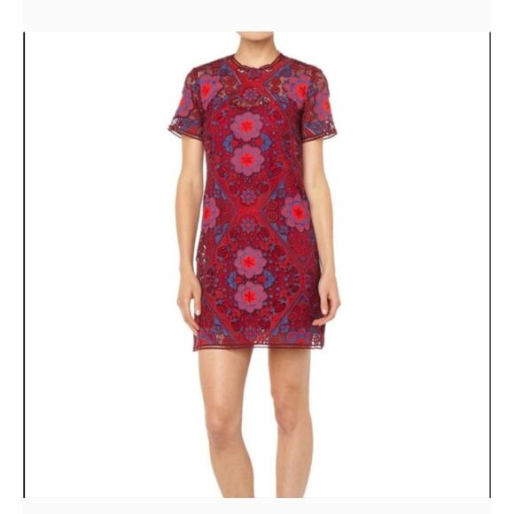 Minuet Red Blue Lace Mini Dress S NWOT - Picture 3 of 6